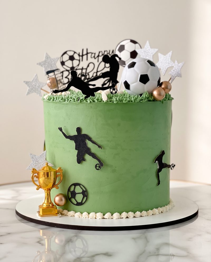 Gâteau d'anniversaire sur le thème du football, crème verte, ballons et trophée