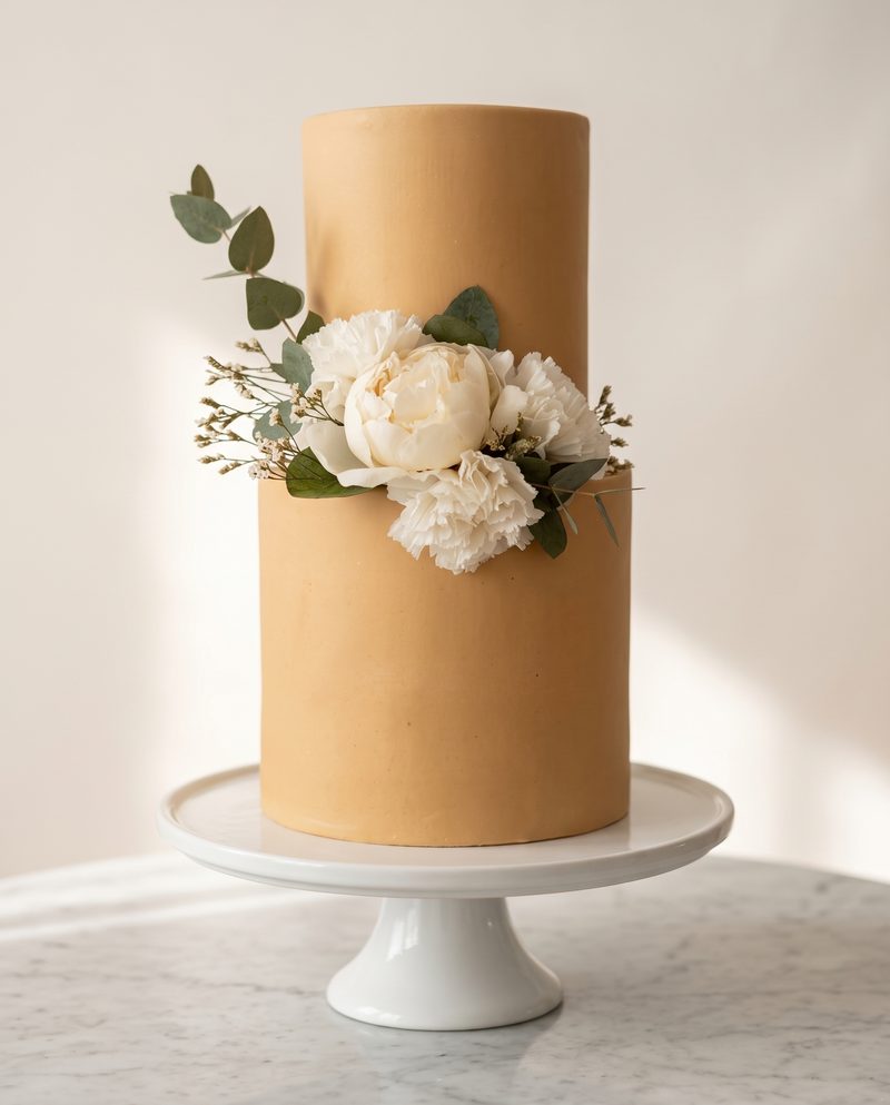 Gâteau doré caramel orné de fleurs blanches et d'eucalyptus