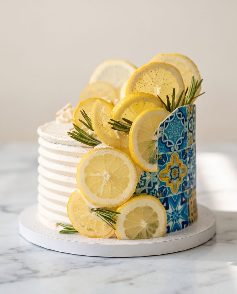 Gâteau au citron et romarin, décor en faïence bleue
